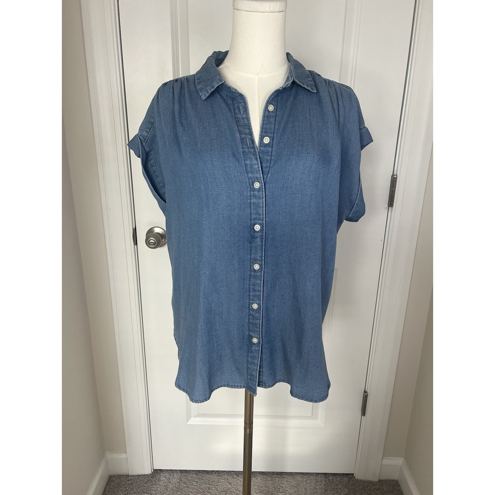 LOFT Denim Button-Up Short Sleeve Blouse - Blue